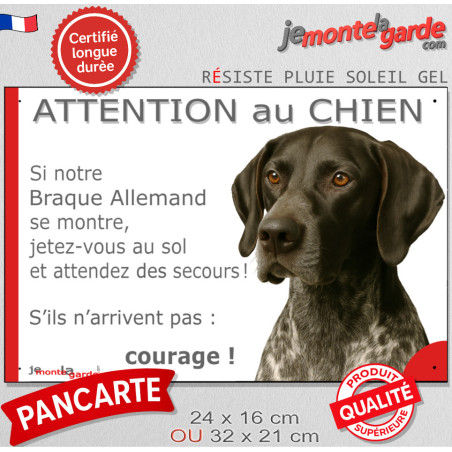 Braque Allemand noir, plaque "Attention au Chien, Jetez Vous au Sol, courage" pancarte panneau drôle marrant photo