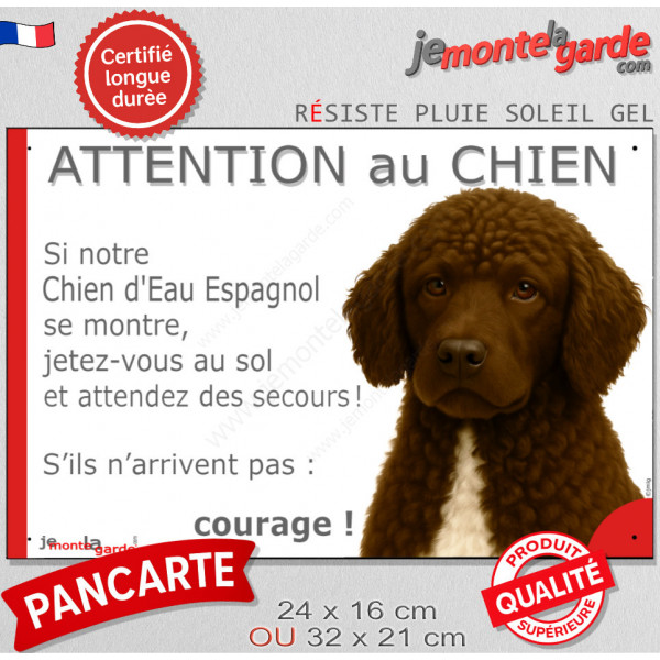 Chien d'Eau Espagnol marron chocolat, plaque extérieure humour "Attention au Chien, Jetez Vous au Sol, attendez secours, courage