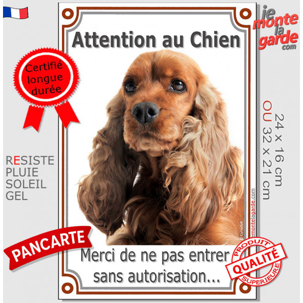 Cocker Anglais Golden Roux, Pancarte Portail Verticale "Attention au Chien, pas sans autorisation" photo extérieure