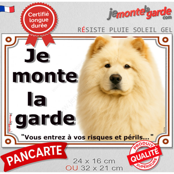 Chow-Chow crème Tête, plaque portail "Je Monte la Garde, risques et périls" photo Chow beige sable attention au chien