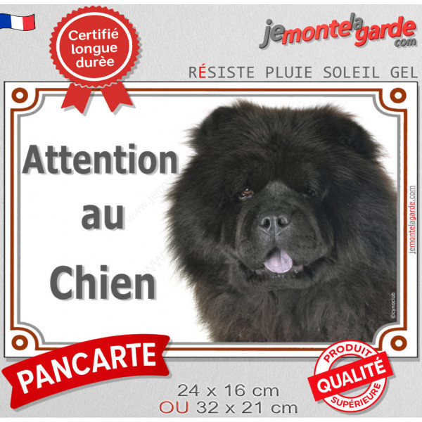 Chow-Chow noir, plaque portail extérieure "Attention au Chien" pancarte panneau photo
