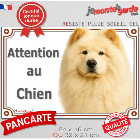 Chow-Chow crème beige sable, plaque portail extérieure "Attention au Chien" photo, résiste pluie soleil gel, idée cadeau