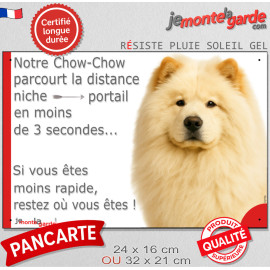 Chow-Chow crème beige sable, plaque humour "parcourt distance Niche - Portail moins 3 secondes" attention au chien photo