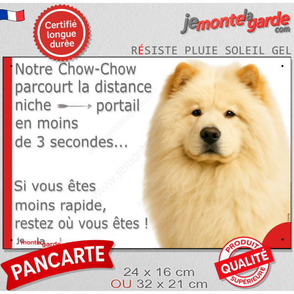 Chow-Chow crème beige sable, plaque humour "parcourt distance Niche - Portail moins 3 secondes" attention au chien photo