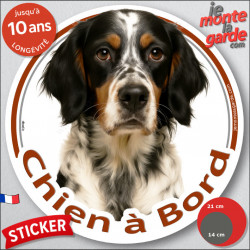 Setter Anglais tricolore, sticker autocollant rond "Chien à Bord" Disque photo adhésif voiture vitre