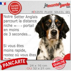 Setter Anglais tricolore, plaque humour "parcourt distance Niche - Portail moins 3 secondes, rapide" photo drôle
