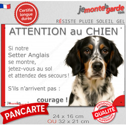 Setter Anglais tricolore, plaque extérieure humour "Attention au Chien, Jetez Vous au Sol, attendez secours, courage" photo