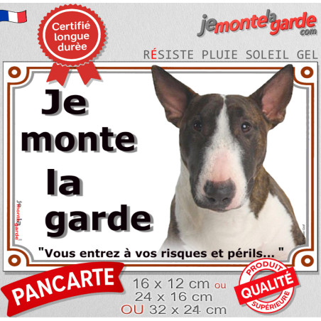 Bull Terrier Bringé Tête, plaque portail "je Monte la Garde, risques et périls" pancarte panneau bringué affiche photo