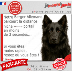 Berger Allemand noir poil long, plaque extérieure humour "parcourt distance Niche-Portail moins 3 secondes, rapide" photo chien