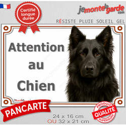Berger Allemand tout noir poil long, plaque extérieure portail "Attention au Chien" pancarte panneau photo