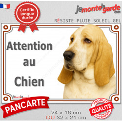 Basset Hound fauve clair et blanc, plaque portail "Attention au Chien" pancarte panneau photo Basset Hund