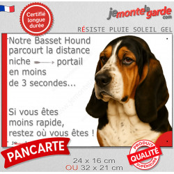Basset Hound tricolore, plaque humour "parcourt distance Niche-Portail 3 secondes" 2 tailles D
