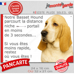 Basset Hound fauve clair, plaque humour "parcourt distance Niche-Portail moins 3 secondes, rapide" photo attention chien