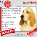 Basset Hound fauve clair, plaque humour "parcourt distance Niche-Portail 3 secondes" 2 tailles D