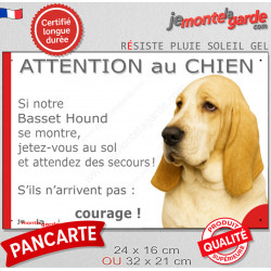 Basset Hound fauve clair, plaque extérieure humour "Attention au Chien, Jetez Vous au Sol, attendez secours courage" photo porte