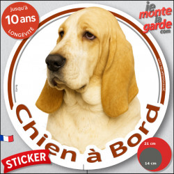 Basset Hound fauve clair et blanc Tête, sticker rond "Chien à Bord" Disque photo autocollant Hund voiture