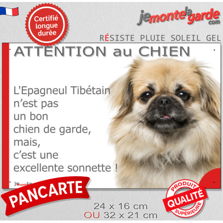 plaque portail humour "Attention au Chien, notre Epagneul Tibétain fauve charbonné, garde est une excellente sonnette" photo, ré