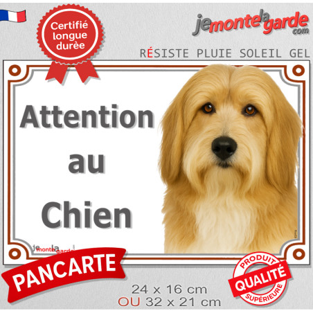 Bearded Collie fauve et blanc, plaque extérieure portail "Attention au Chien" pancarte photo Colley Barbu