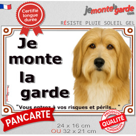 Bearded Collie fauve et blanc, plaque portail "Je Monte la Garde, vous entrez à vos risques et périls" photo Colley Barbu, résis