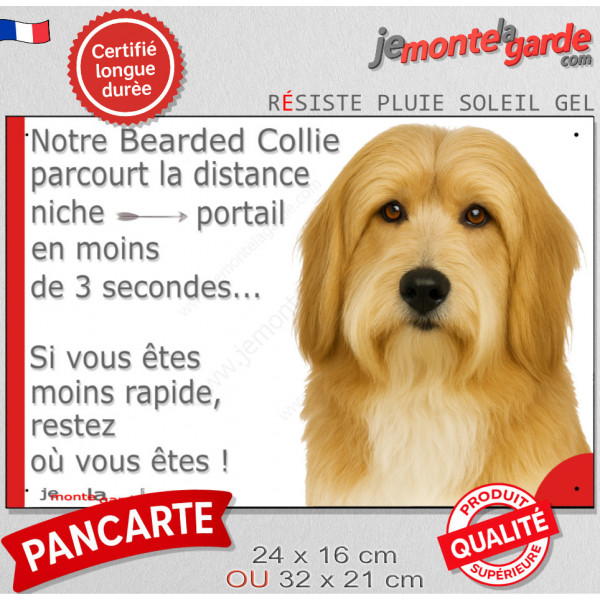 Bearded Collie fauve, plaque extérieure humour "parcourt distance Niche-Portail moins 3 secondes, rapide" photo attention chien
