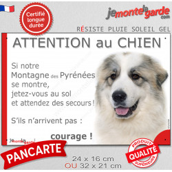 Montagne des Pyrénées avec taches, plaque portail humour "Attention au Chien, Jetez Vous au Sol, courage" photo Patou