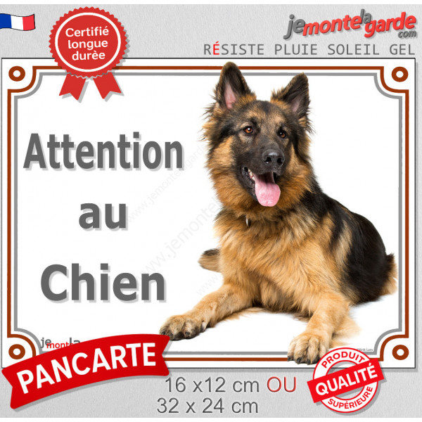Berger Allemand à poils longs Couché, plaque portail "Attention au Chien" pancarte panneau photo