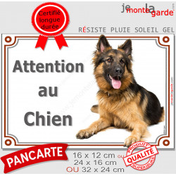 Berger Allemand à poils longs Couché, plaque portail "Attention au Chien" pancarte panneau photo