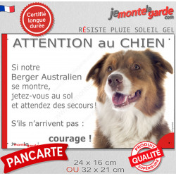 Berger Australien Tricolore Rouge, Panneau humour "Attention au Chien jetez-vous au sol et attendez" marrant plaque Aussie