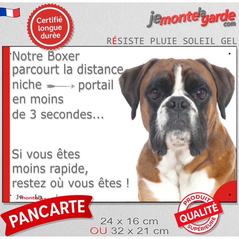 Boxer Fauve tête, pancarte drôle humour "parcourt distance niche-portail 3 secondes, rapide" photo, résiste à l'extérieur Boxer Fauve tête, pancarte drôle humour "parcourt distance niche-portail 3 secondes, rapide" photo, résiste à l'extérieur