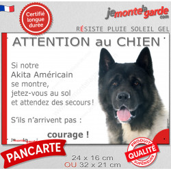 Akita Américain bringé, plaque extérieure humour "Attention au Chien, jetez Vous au Sol, courage" pancarte US USA drôle photo