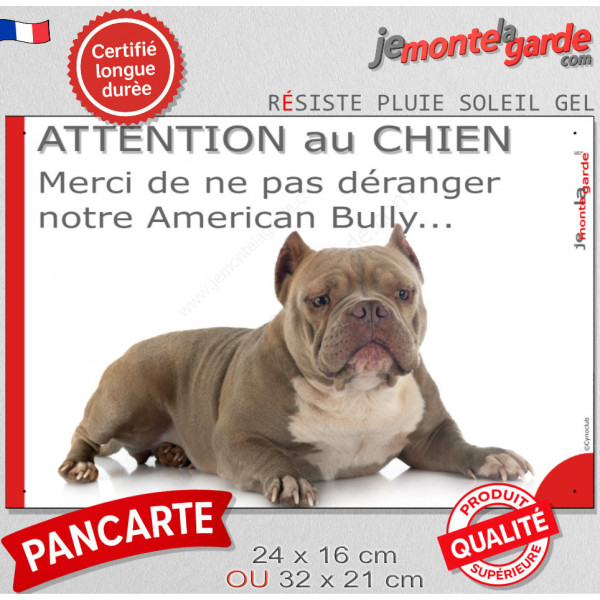 Plaque portail humour "Attention au Chien, Merci de ne pas déranger notre American Bully red nose" Panneau marrant pancarte drôl