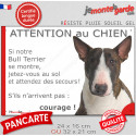 Bull Terrier bringé, plaque humour "Attention au Chien, Jetez Vous au Sol" 2 tailles JET D