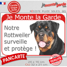 Rottweiler Buste, Panneau Portail Rouge "Je Monte la Garde, surveille et protège" affiche plaque photo Rott, attention au chien
