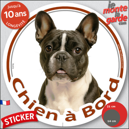 Bouledogue Français caille noir et blanc, sticker autocollant rond "Chien à Bord" disque photo vitre voiture Bulldog auto, résis