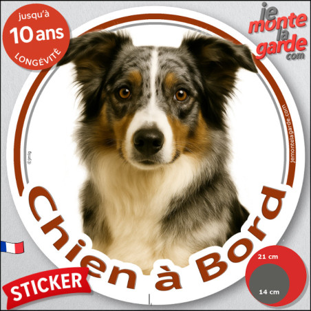 Border Collie bleu merle poils longs, sticker autocollant rond "Chien à Bord" Disque adhésif vitre voiture auto photo, résiste p