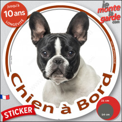 Bouledogue Français Caille blanc et noir Tête, sticker autocollant rond "Chien à Bord" Disque adhésif photo vitre voiture
