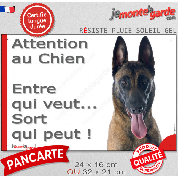 Berger Belge Malinois, plaque portail humour "Attention au Chien, Entre qui veut, sort qui peut !" photo pancarte panneau drôle