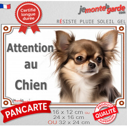 Chihuahua chocolat & Tan à poils longs, plaque portail "Attention au Chien" pancarte panneau photo Chiwawa marron
