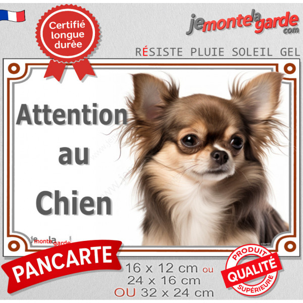 Chihuahua chocolat & Tan à poils longs, plaque portail "Attention au Chien" pancarte panneau photo Chiwawa marron