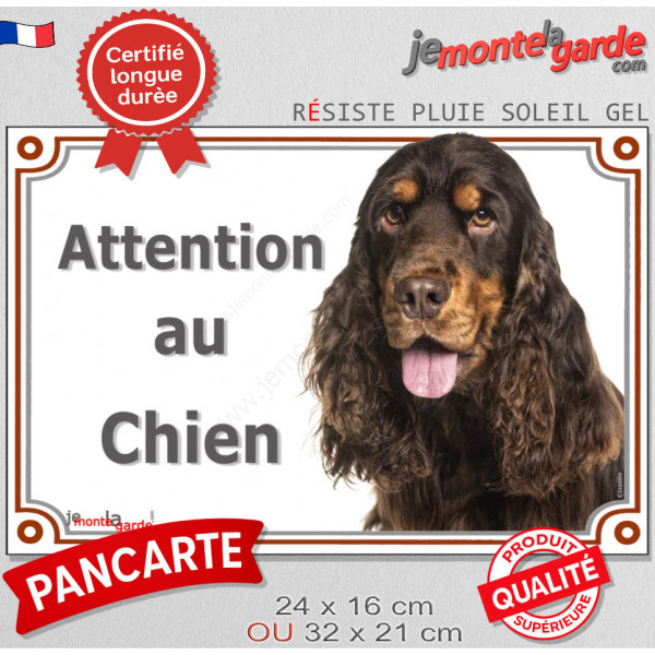 Cocker Anglais Spaniel marron chocolat et feu, plaque portail "Attention au Chien" panneau pancarte affiche photo