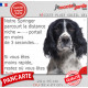 English Springer Spaniel noir, plaque humour "parcourt distance Niche - Portail moins 3 secondes" pancarte photo attention chien