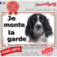 English Springer Spaniel noir et blanc, Plaque portail "Je monte la garde, risque péril" pancarte photo extérieure springeur