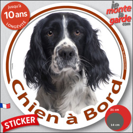 English Springer Spaniel Anglais Spaniel noir et blanc, sticker autocollant rond "Chien à Bord" Disque photo adhésif vitre auto,