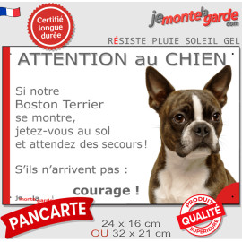 Boston Terrier bringé et blanc, plaque portail humour "Attention au Chien, Jetez Vous au Sol, attendez secours, courage" photo, 