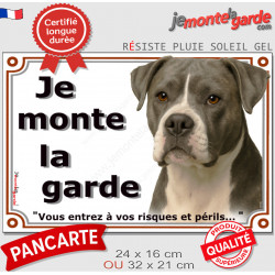 Bouledogue Américain gris bleu, plaque portail "Je Monte la Garde, risques et périls" pancarte panneau bulldog photo