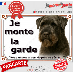 Bouvier des Flandres, plaque portail extérieur "Je Monte la Garde, risques périls" pancarte photo noir attention au chien