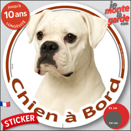 Boxer tout blanc, sticker voiture rond photo "Chien à Bord" 2 tailles D