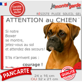 Boxer Fauve, plaque portail humour "Attention au Chien, Jetez Vous au Sol, attendez des secours, courage !" photo, résiste pluie