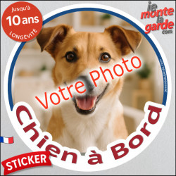 Photo personnalisable, disque photo autocollant "Chien à Bord" Sticker adhésif rond sur mesure vitre voiture 14 cm