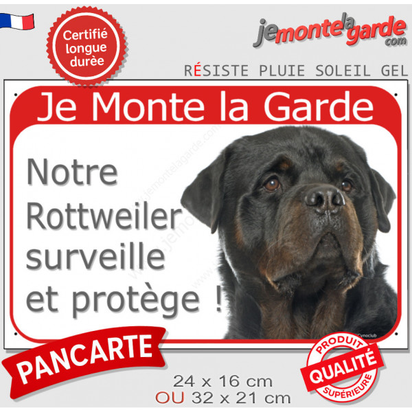 Rottweiler Tête, Plaque Portail rouge "Je Monte la Garde, surveille protège" pancarte, panneau photo attention au chien Rott